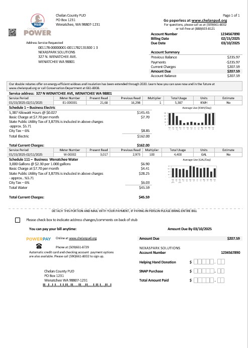 USA Washington Chelan County PUD business utility bill template in Word and PDF formats